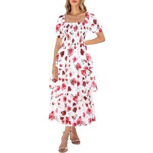 🆕 Women White Square Neck Smocked Dress Summer Puff Short Sleeve Floral Ruffle